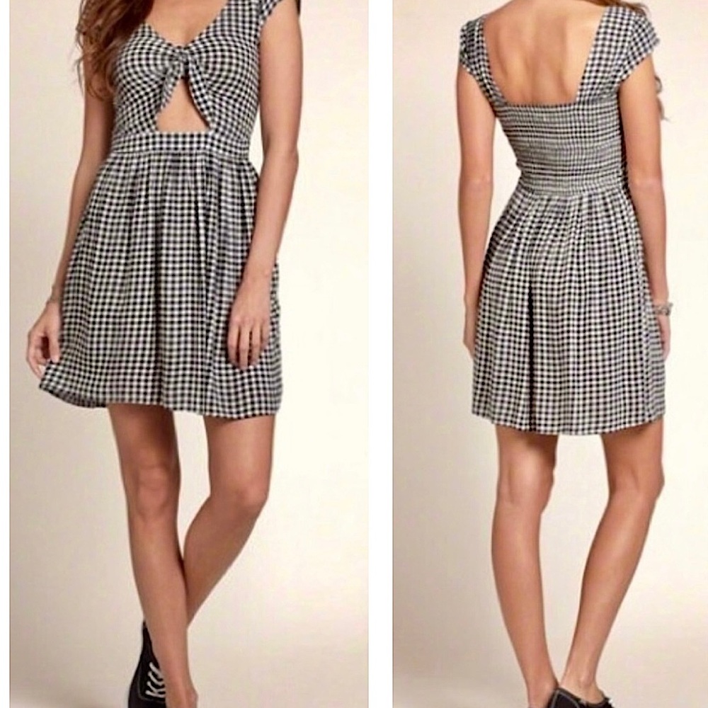 Hollister Gingham Dress small black white checkered cutout tie bow smocked